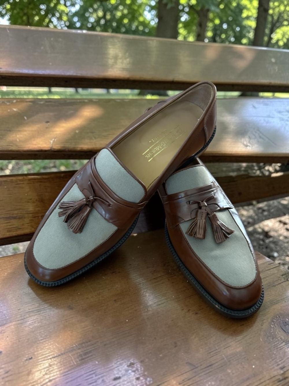 Vintage- Johnston & Murphy Brown Leather and Beige Fabric Tassel Loafers
